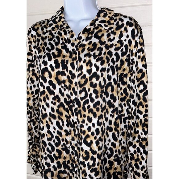 Chicos Sz 1 (MEDIUM) Sandwash Satin Leopard Tunic Top Button Up Modal EUC - Picture 3 of 12